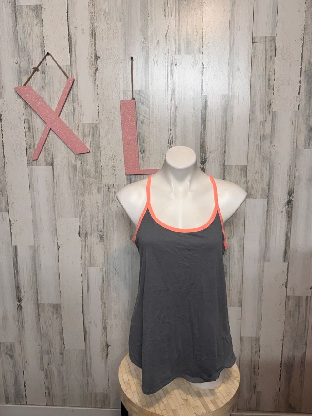 No Boundaries Racerback Tank Top Grey Flannel Neon Coral Trim Juniors XL
